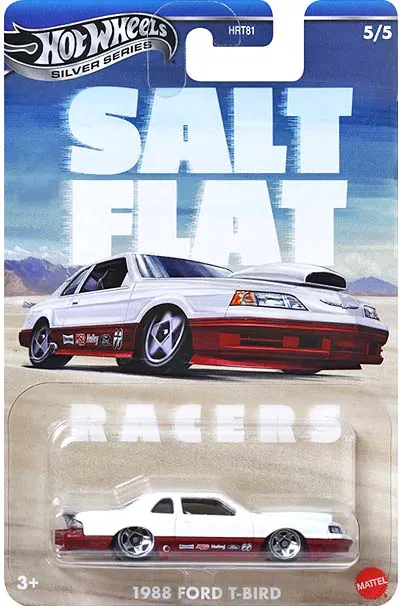 Hot Wheels Silver Series 2025 - Salt Flat Racer - Vintage Mix 1F in packaging, features a white and red 88 Ford T-Bird with racing decals, shown against a desert setting—an ideal collectible for Hot Wheels vintage die-cast car fans.