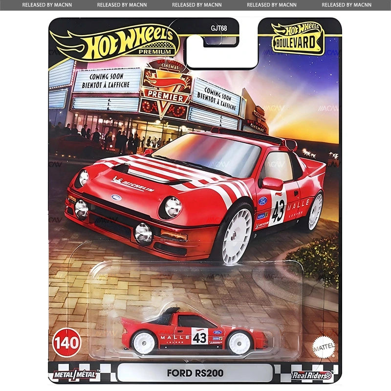 The Hot Wheels Boulevard 2025 - Mix 5E features a premium red Ford RS200 with white stripes and racing decals, packaged in a blister pack with theater marquee card—perfect for Hot Wheels collectors.