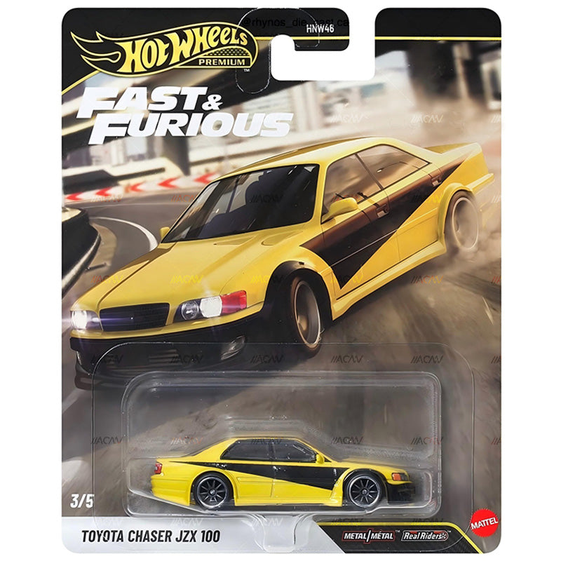 Hot Wheels Premium Fast & Furious Toyota Chaser JZX100 JRN98 yellow with black graphics in carded packaging