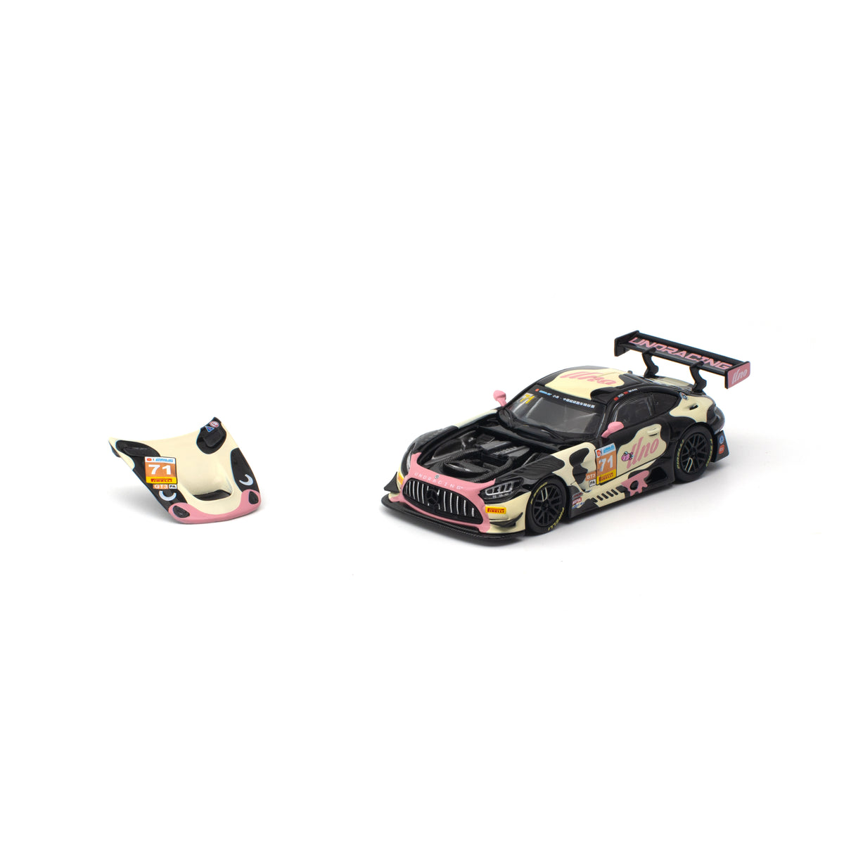 Pop Race 1:64 Mercedes-AMG GT3 EVO UNO Racing number 71 Mumu, bonnet removed view