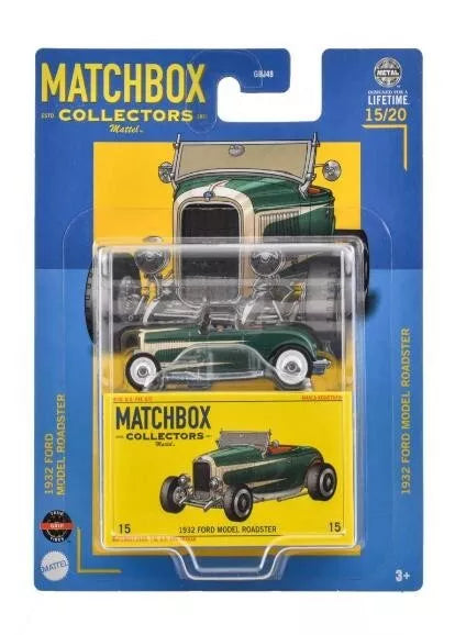 The Matchbox Premium Collector 2024 Mix 3Y features a 1:64 green die-cast 1932 Ford Model Roadster with vintage artwork and a clear window display. Suitable for ages 3+.
