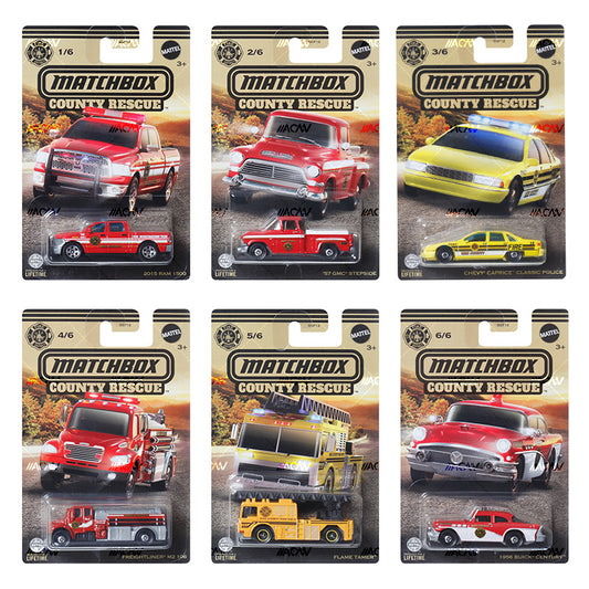 Six Matchbox Themed County Rescue - Mix 1 2024 - A Case vehicles by Matchbox are displayed in packaging, featuring rescue trucks, a fire engine, a yellow car, a classic car, and a red emergency vehicle from the Collector’s Edition 2024.