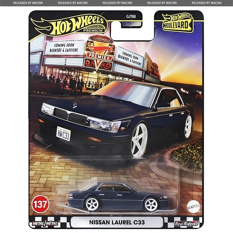 Hot Wheels Boulevard 2025 - Mix 5E by Hot Wheels features the Nissan Laurel C33 in packaging, displaying its illustration before a vibrant movie theater marquee and premium branding at the top.