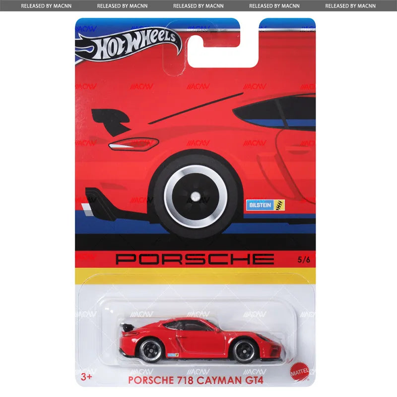 The Hot Wheels Porsche Walmart Premium 2024 Mix 1 - Celebrations (G) features a red Porsche 718 Cayman GT4 in its packaging, with Hot Wheels and Porsche logos—ideal for collectors of this iconic sports car.