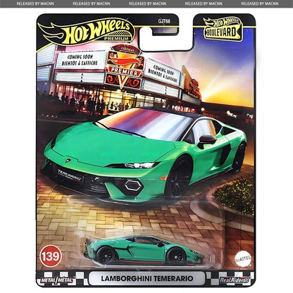 The Hot Wheels Boulevard 2025 - Mix 5E features a green Lamborghini Temerario on vibrant theater-themed packaging with this premium collector car displayed in a blister pack below.