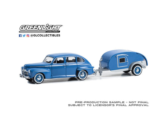 Greenlight 1:64 Hitch & Tow Series 30 – 1942 Ford Fordor Super Deluxe with Tear Drop Trailer – Florentine Blue Solid Pack