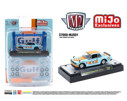 M2 Machines 1:64 Model-Kit 1971 Nissan Skyline 2000 GT-R GULF With 4 Post Lift and 2 Extra Set of Wheels – Blue – Mijo Exclusives