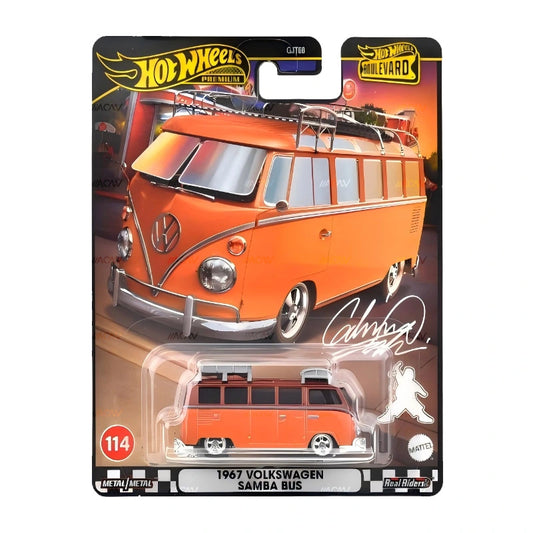 The Hot Wheels Boulevard - 1967 Volkswagen Samba Bus is a collectible diecast in orange, showcased in branded packaging with the Hot Wheels logo and “Boulevard” series details—a must-have for fans of the line.