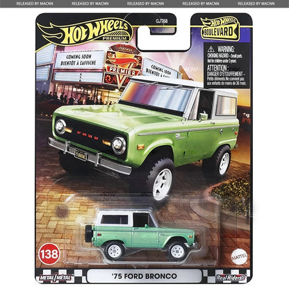 Hot Wheels Boulevard 2025 - Mix 5E by Hot Wheels features the 75 Ford Bronco in green, displayed in collector series packaging with a city illustration and Boulevard branding at the top.