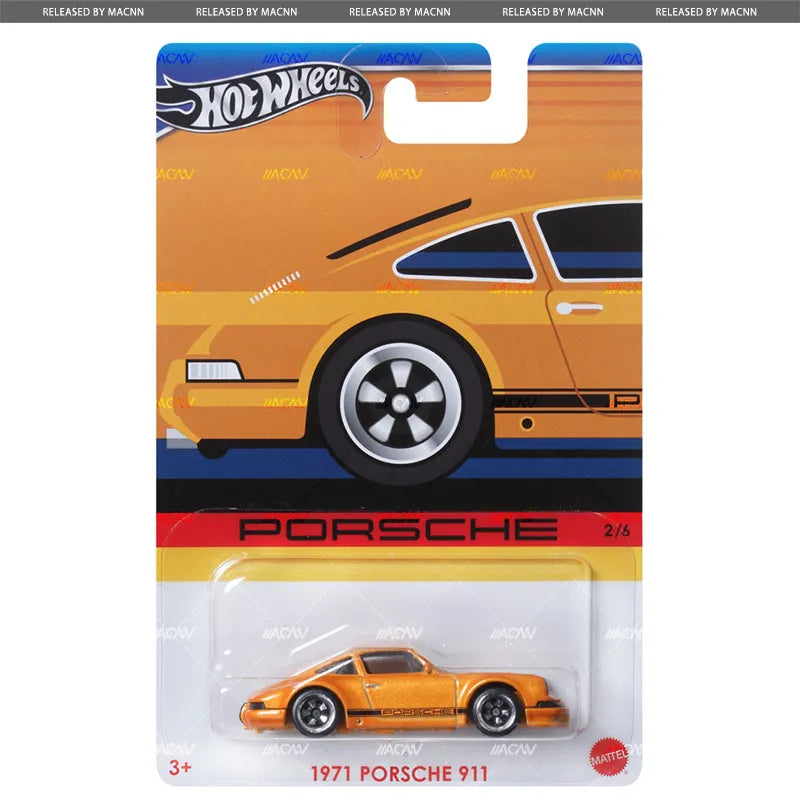 Hot Wheels Porsche Walmart Premium 2024 Mix 1 - Celebrations (G): features an orange 1971 Porsche 911 in packaging with side illustration and 1971 PORSCHE 911 text. Perfect for collectors. Brand: Hot Wheels.