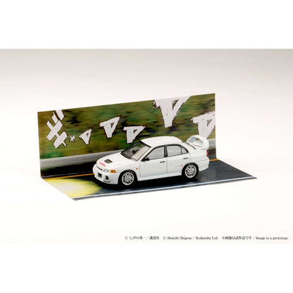 Hobby Japan Mitsubishi Lancer RS Evolution IV HJDMDR005, single car on included Initial D diorama sheet; background vehicles are printed artwork