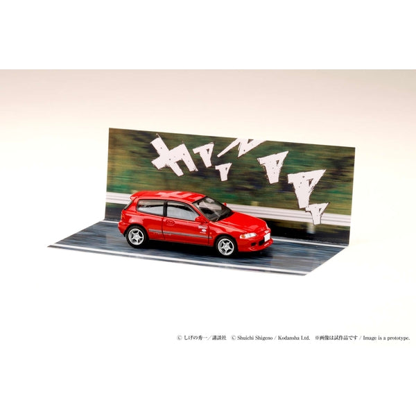 Hobby Japan Honda Civic EG6 Myogi Night Kids HJDMDR006, single car on included Initial D diorama sheet; background vehicles are printed artwork