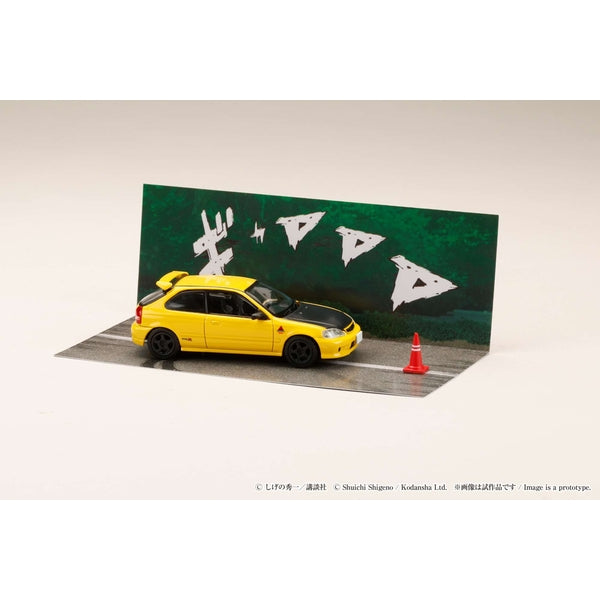 Hobby Japan Honda Civic EK9 Todo School HJDMDR007, single car on included Initial D diorama sheet; background vehicles are printed artwork