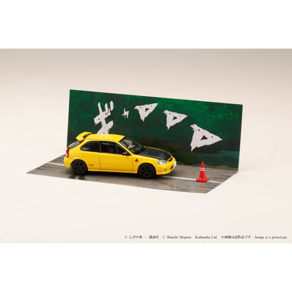 Hobby Japan Honda Civic EK9 Todo School HJDMDR007, single car on included Initial D diorama sheet; background vehicles are printed artwork