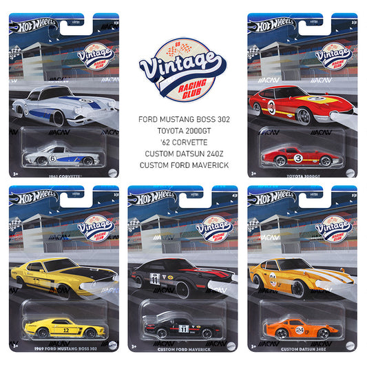 The Hot Wheels Vintage Racing Club Mix 2 (B) 2024 set includes six die-cast cars—Mustang, Toyota 2000GT, Corvette, Datsun 240Z, and Ford Maverick—in Vintage Racing packaging with bold racing graphics.