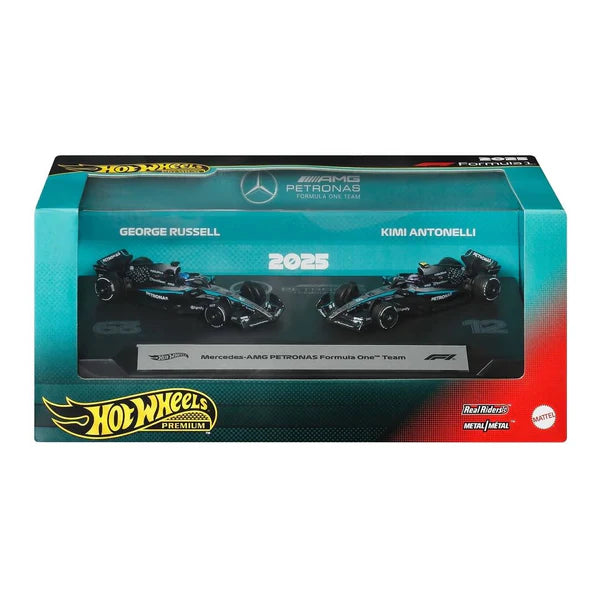 Hot Wheels Formula 1 Mercedes Team Russel #63 and Antonelli #12 2-Pack Premium 1:64 Vehicle (2025 Livery)