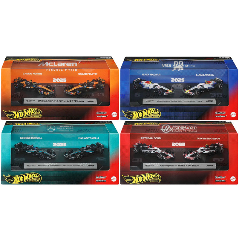Hot Wheels Formula 1 (2025 Livery) Mix 1A 2-Pack Case of 4 (McLaren, Racing Bulls, Haas, McLaren, Mercedes)
