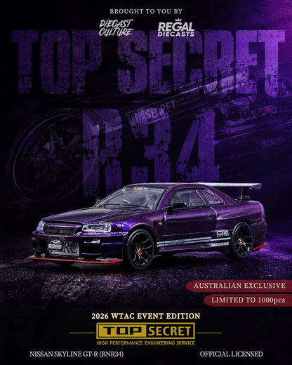 Top Secret Nissan Skyline GT-R BNR34 Midnight Purple – 2026 WTAC Australian Exclusive 1:64 – Limited 1000