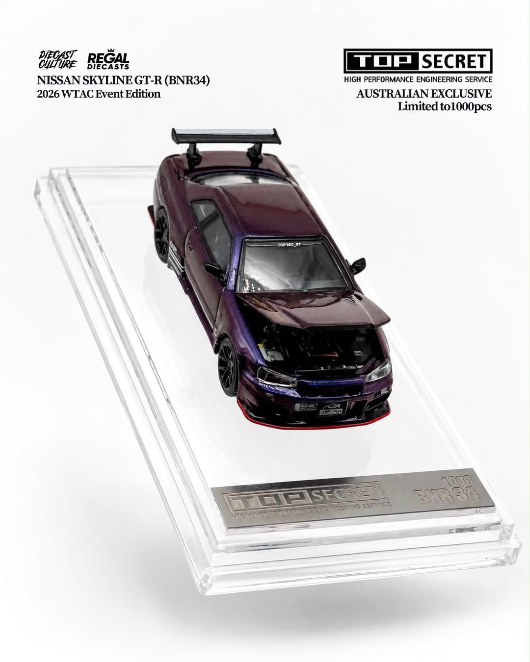 Top Secret Nissan Skyline GT-R BNR34 Midnight Purple – 2026 WTAC Australian Exclusive 1:64 – Limited 1000