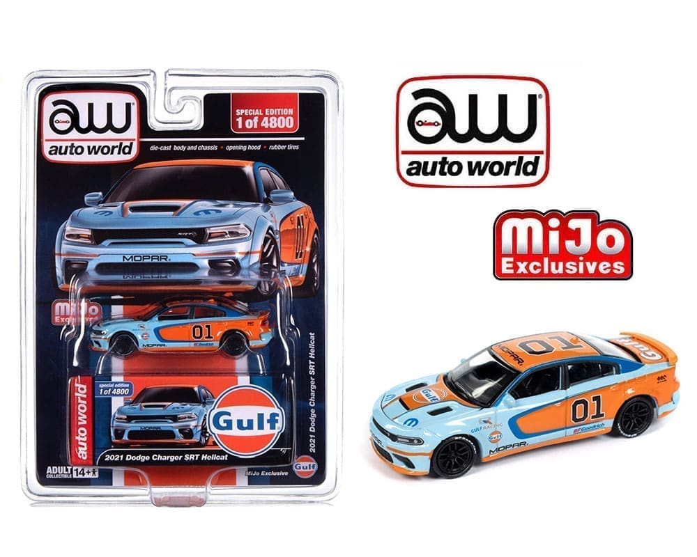 M2 Machines Auto World 1:64 2021 Dodge Charger SRT Hellcat Custom GULF Livery, Limited to 4,800 pieces—MiJo Exclusives. Shown in and out of packaging with MiJo and Auto World branding.