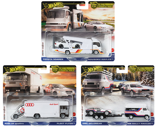 Hot Wheels 2025 Team Transport - Mix 2F includes three sets in packaging: Toyota Soarer with Kousoku Hauler, DMC DeLorean with HW Rally Hauler, and Audi S4 Quattro with Fleet Flyer. Each set pairs a hauler truck and matching race car.