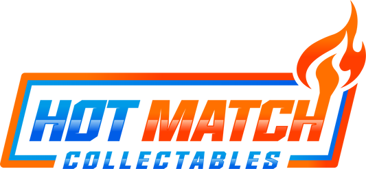 The Hot Match Collectables Gift Card logo features the brand name in a blue and orange gradient within a rectangle, topped by a stylized orange flame above “MATCH,” reflecting the spirit of unique collectibles.