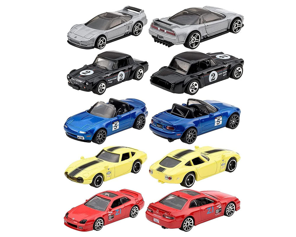 The Hot Wheels 1:64 Walmart Exclusive Theme JDM set by Hot Wheels features nine sports cars in assorted styles and colors—black, silver, blue, yellow, and red—ideal for collectors and arranged in three rows on a white background.