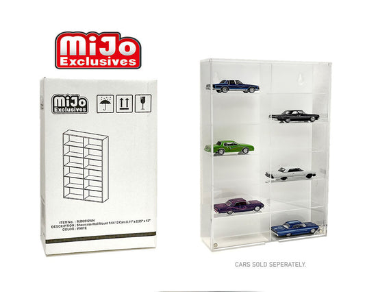Showcase 1:64 12-Car Display Case Wall Mount Plastic White Back Version With Cover (8.5″ x 2.64″ x 12.8″) – MiJo Exclusives