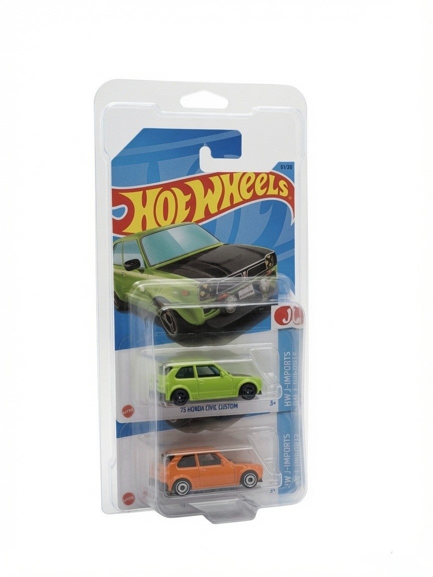 Shield Wheels 2-in-1 Mainline protector holding two separately carded Hot Wheels examples; cars not included