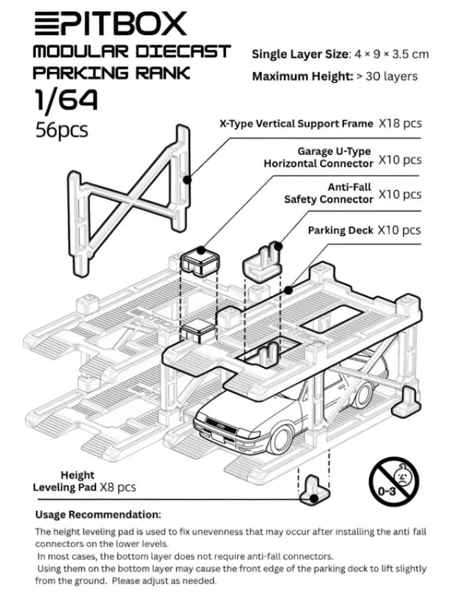 PITBOX Modular Diecast Parking Rack (10 Parking Spots per Box)