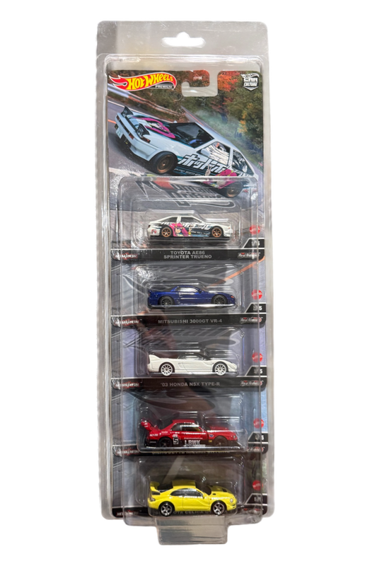 Shield Wheels Premium 5-in-1 protector displaying five separately carded Hot Wheels Premium models; cars not included