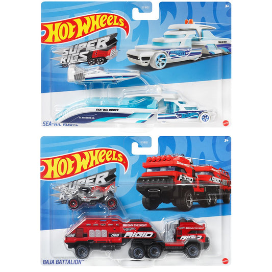 Hot Wheels Super Hauling Rig and Car 2024 Mix 3 Case of 6 (6 cars total)