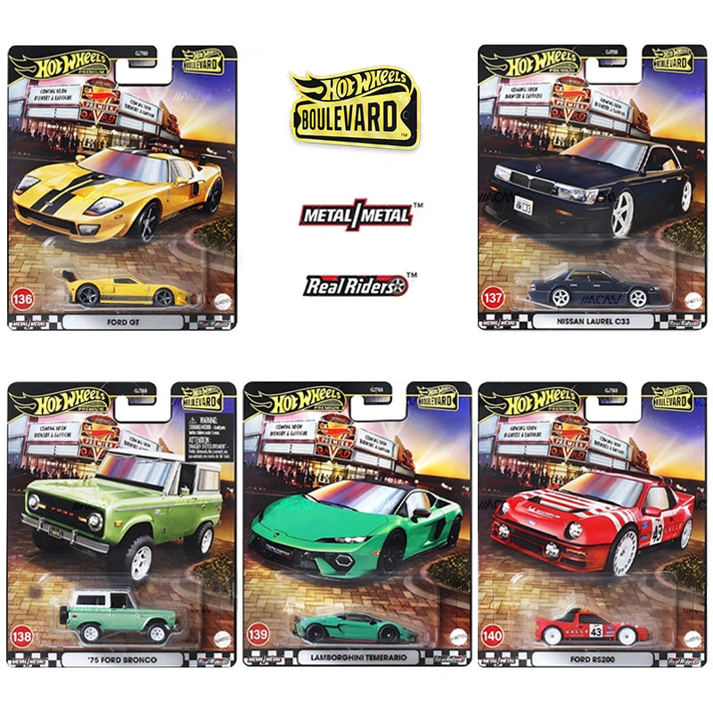 Five Hot Wheels Boulevard 2025 - Mix 5E die-cast cars—Ford GT, Nissan Laurel C33, ’75 Ford Bronco, Lamborghini Murciélago, and Ford RS200—feature the Hot Wheels logo above the collector lineup in premium packaging.