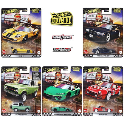 Five Hot Wheels Boulevard 2025 - Mix 5E die-cast cars—Ford GT, Nissan Laurel C33, ’75 Ford Bronco, Lamborghini Murciélago, and Ford RS200—feature the Hot Wheels logo above the collector lineup in premium packaging.