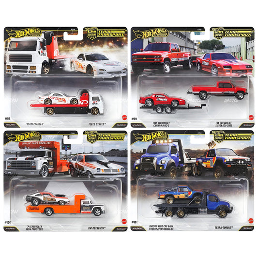 Hot Wheels Team Transport 2027 Mix 1N Premium Case of 4 – RX-7, Camaro, Vega & Datsun