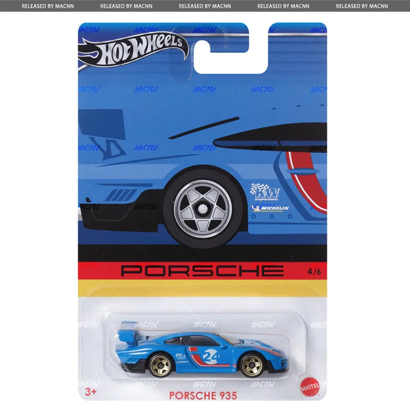 The Hot Wheels Porsche Walmart Premium 2024 Mix 1 - Celebrations (G) features a blue Porsche 935 toy car with number 24 and racing decals, displayed in themed packaging labeled “Porsche 935” and marked as 4/6—ideal for any collector.