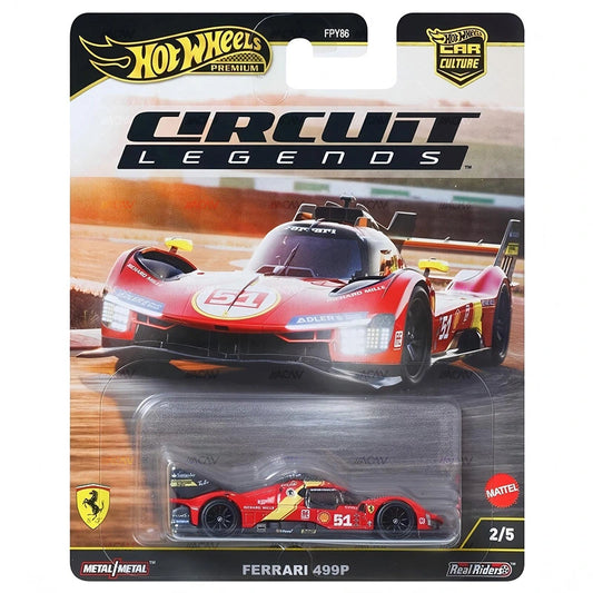 Hot Wheels Car Culture 2025 - Ferrari 499P Circuit Legends toy car in packaging, showcasing a solid red premium diecast with #51, Mattel and Real Riders logos, and racing background art by Hot Wheels.