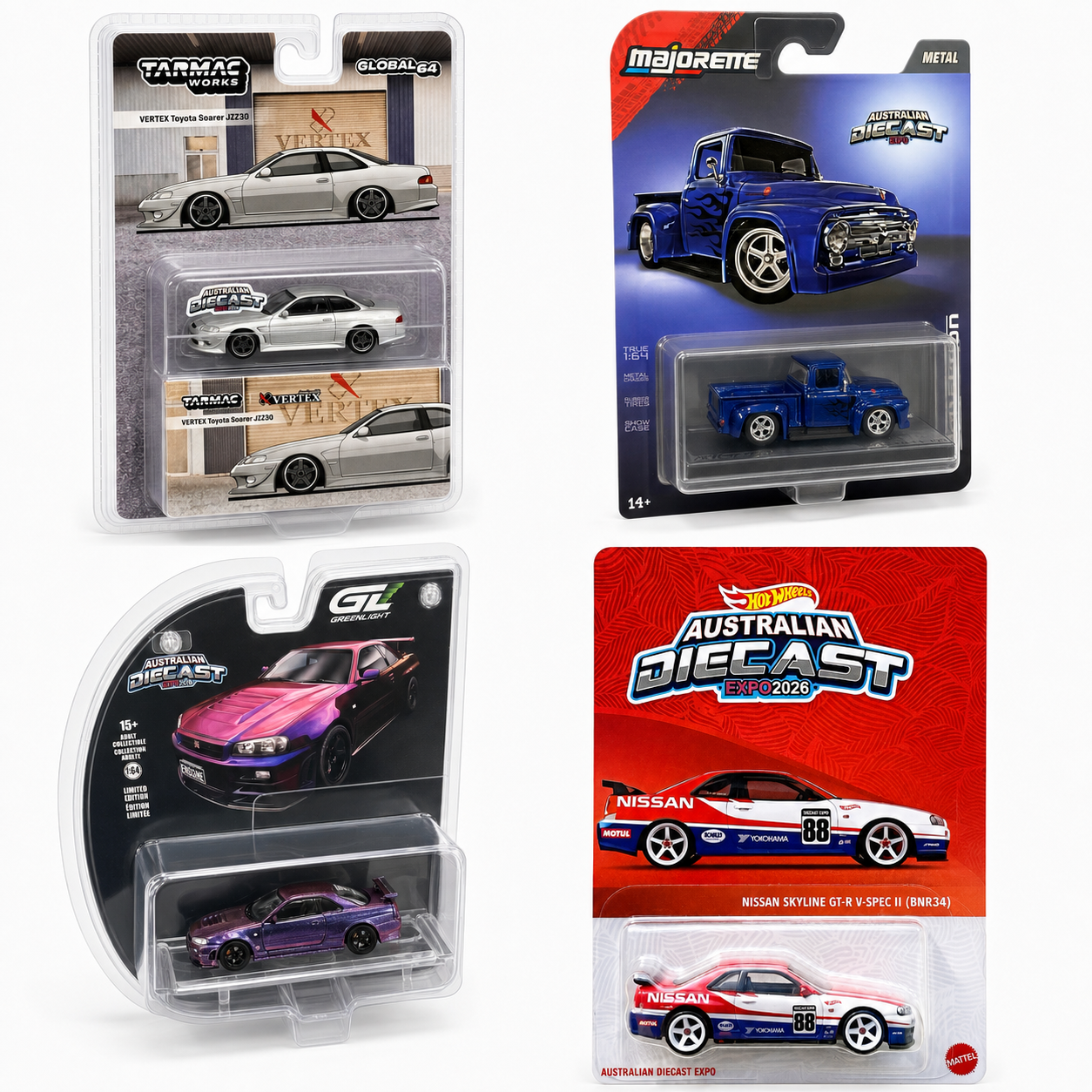 Australian Diecast Expo 2026 Exclusive – 4 Car Bundle – Hot Wheels Skyline R34, Majorette, GreenLight & Tarmac Works