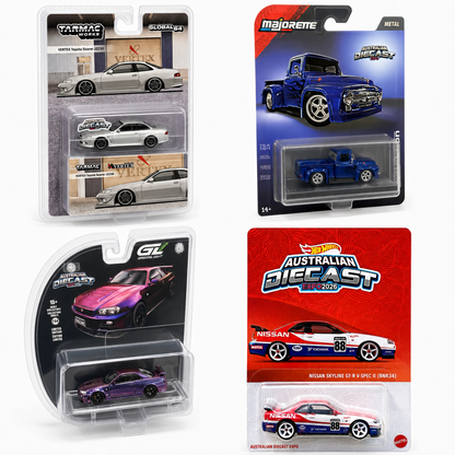 Australian Diecast Expo 2026 Exclusive – 4 Car Bundle – Hot Wheels Skyline R34, Majorette, GreenLight & Tarmac Works
