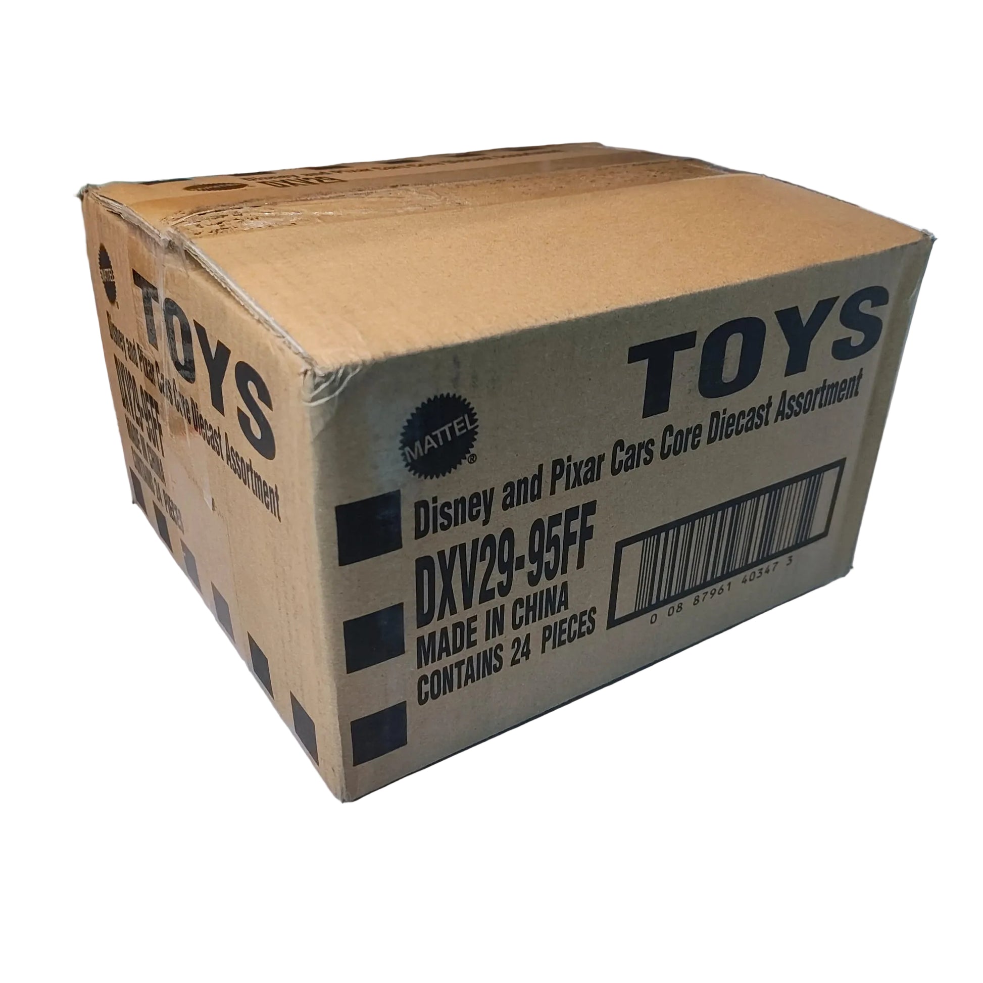 Cardboard box labeled 'TOYS' with a toy brand logo on a white surface.