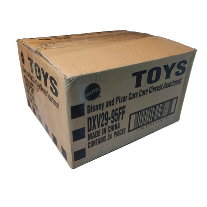 Cardboard box labeled 'TOYS' with a toy brand logo on a white surface.