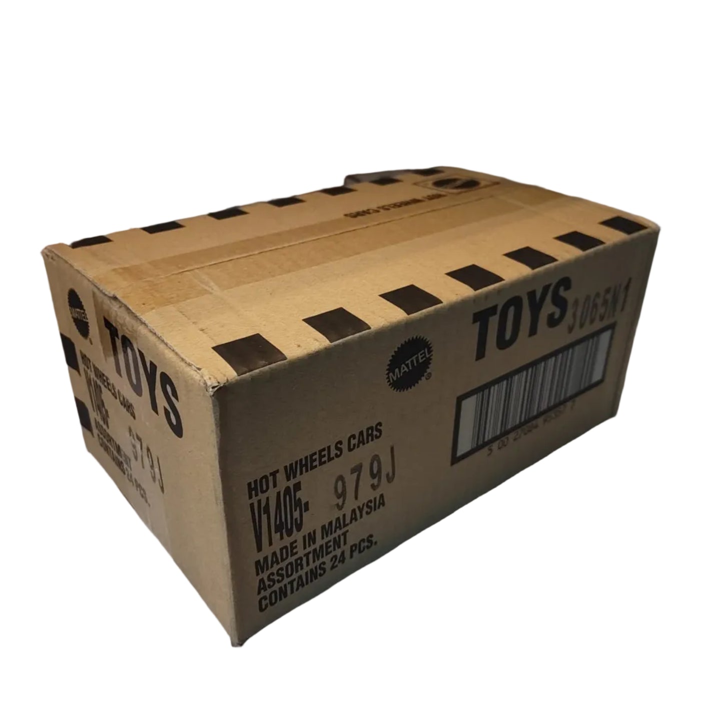 Cardboard toy box with 'Hot Wheels' branding on a white surface.