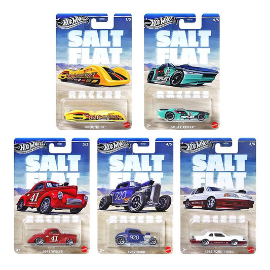 Five Hot Wheels Silver Series 2025 Salt Flat Racer - Vintage Mix 1F cars are displayed upright in their packaging, featuring colorful die-cast designs, desert backgrounds, and bold Salt Flat Racer titles at the top.