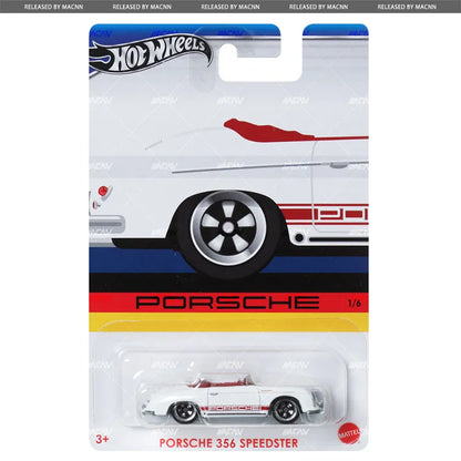 Hot Wheels Porsche Walmart Premium 2024 Mix 1 - Celebrations (G) features a white Porsche 356 Speedster with red accents in branded packaging, part of the Porsche collection and displayed in a clear plastic window.