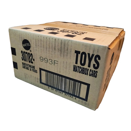 Cardboard box labeled 'TOYS MATCHBOX CARS' on a shelf with other boxes and items in the background.