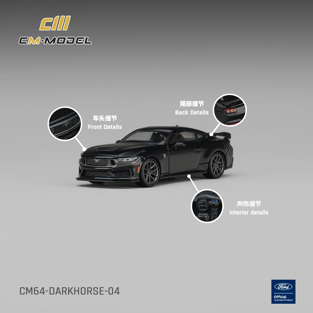 CM Model 1:64 Ford Mustang Dark Horse Shadow Black – CM64-DARKHORSE-04 – manufacturer detail sheet showing grille, rear lights and interior