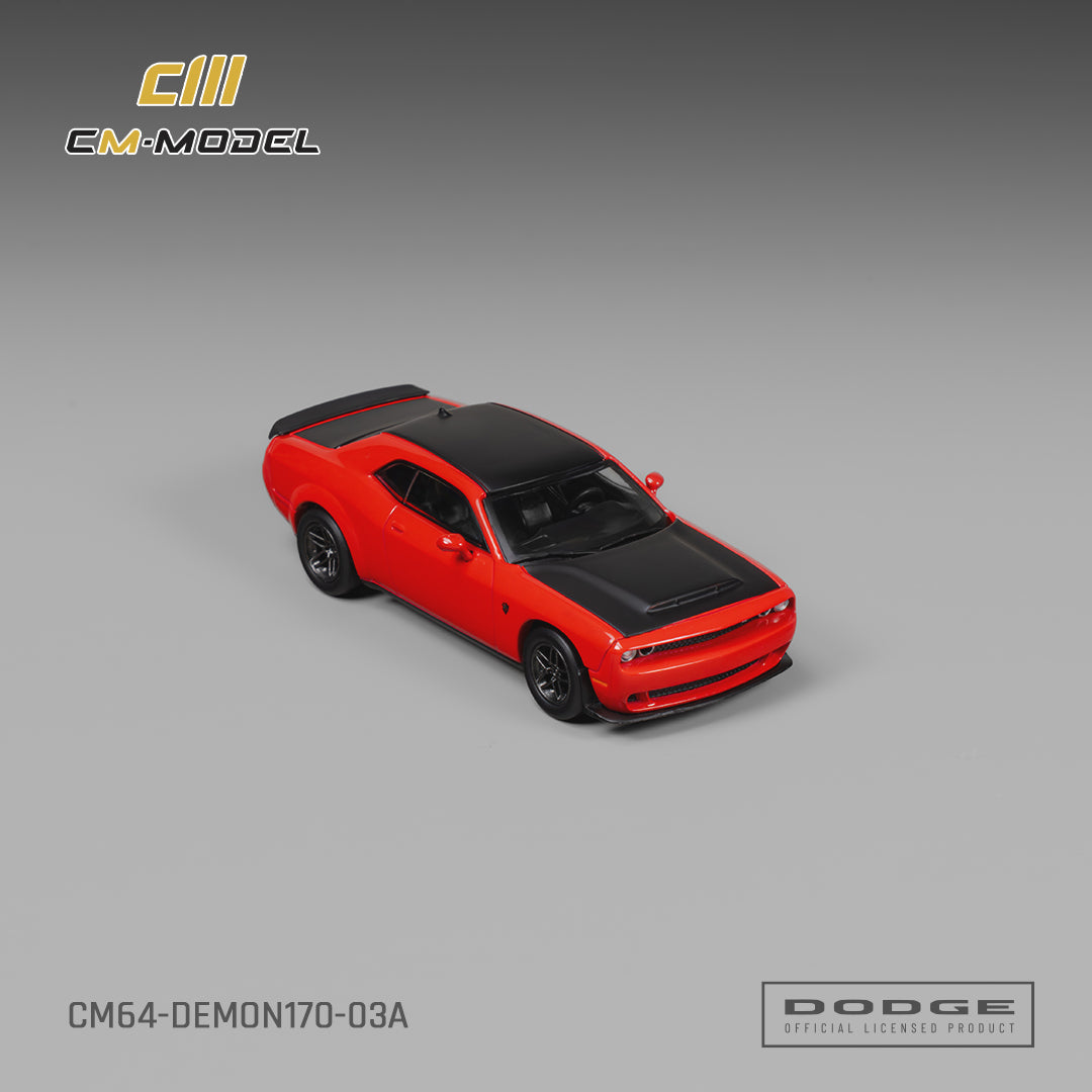 CM Model 1:64 Dodge Challenger SRT Demon 170 TorRed – CM64-DEMON170-03A – elevated front view showing black bonnet and roof