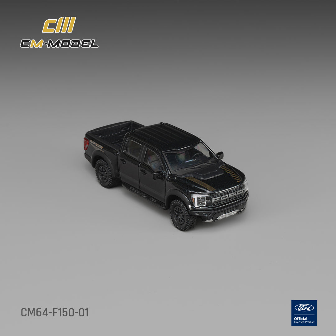 CM Model 1:64 Ford F-150 Raptor Agate Black Metallic – CM64-F150-01 – elevated front view showing cabin and cargo bed