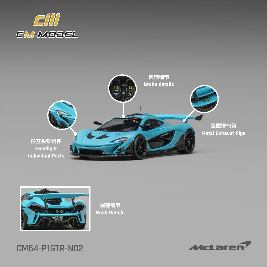 CM Model 1:64 McLaren P1 GTR Iridium Blue – CM64-P1GTR-N02 – manufacturer detail sheet showing headlights, cockpit and metal exhaust
