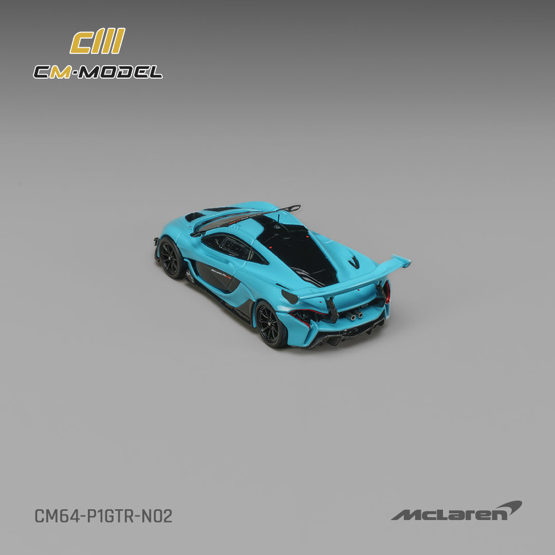CM Model 1:64 McLaren P1 GTR Iridium Blue – CM64-P1GTR-N02 – elevated rear view showing wing and bodywork